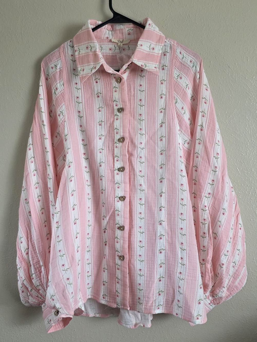 Easel Pink Striped Floral Button-Down Shirt 100% Cotton